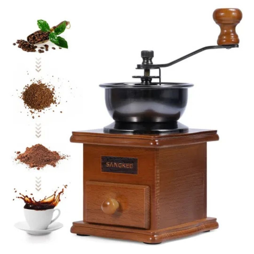 SANGKEE Manual Molinillo de Café, Manivela de Mano Molinillo con Mango de Acero Inoxidable y Ajustable Cerámica Burr de Carburo, Portátil para Viajes Camping Trabajo Oficina (Marrón Natural) - Café la Meca