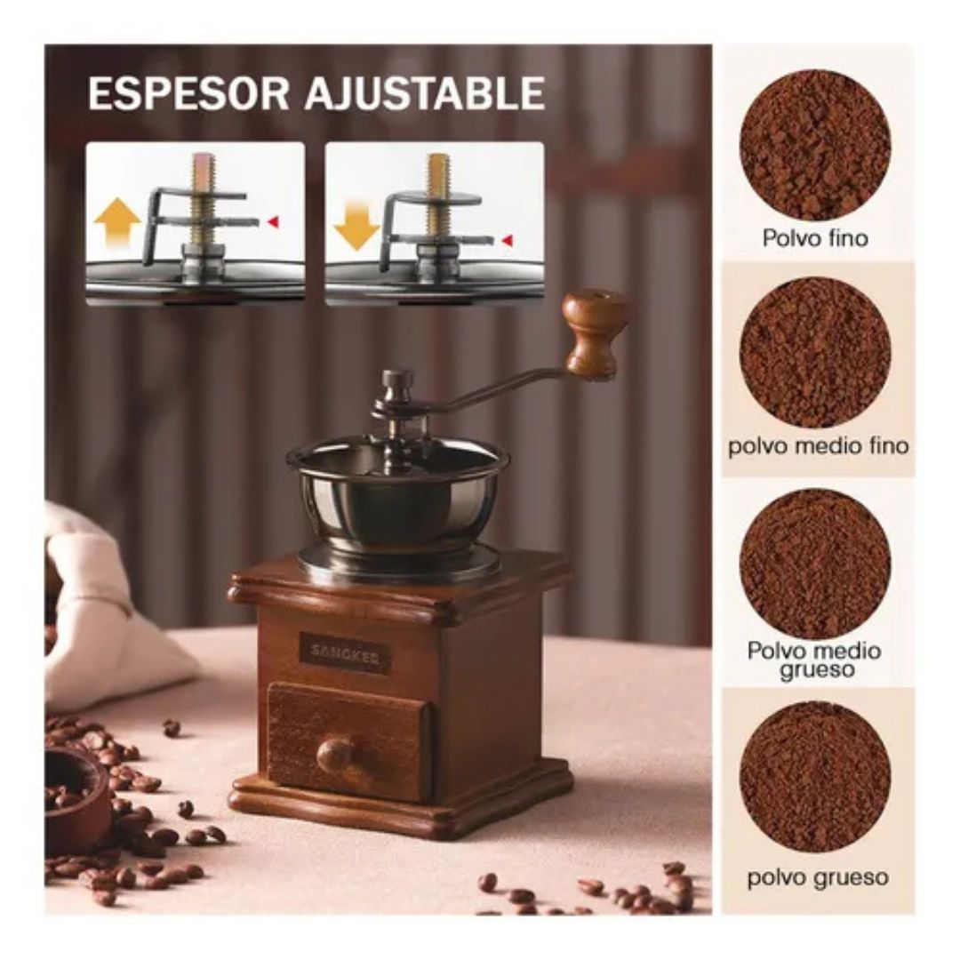 SANGKEE Manual Molinillo de Café, Manivela de Mano Molinillo con Mango de Acero Inoxidable y Ajustable Cerámica Burr de Carburo, Portátil para Viajes Camping Trabajo Oficina (Marrón Natural) - Café la Meca