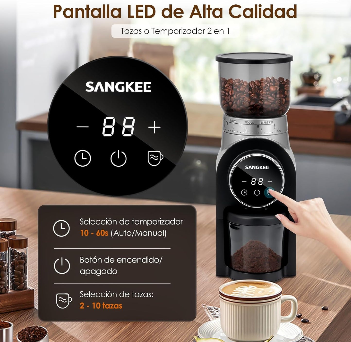SANGKEE Molino de Café Eléctrico, Molinillo de café 30 Ajustes Precisos para 2 - 10 Tazas y Temporizador, Molino Cónico de Acero Inoxidable para Espresso/Goteo/Prensa Francesa/Café fresco/Especias - Café la Meca