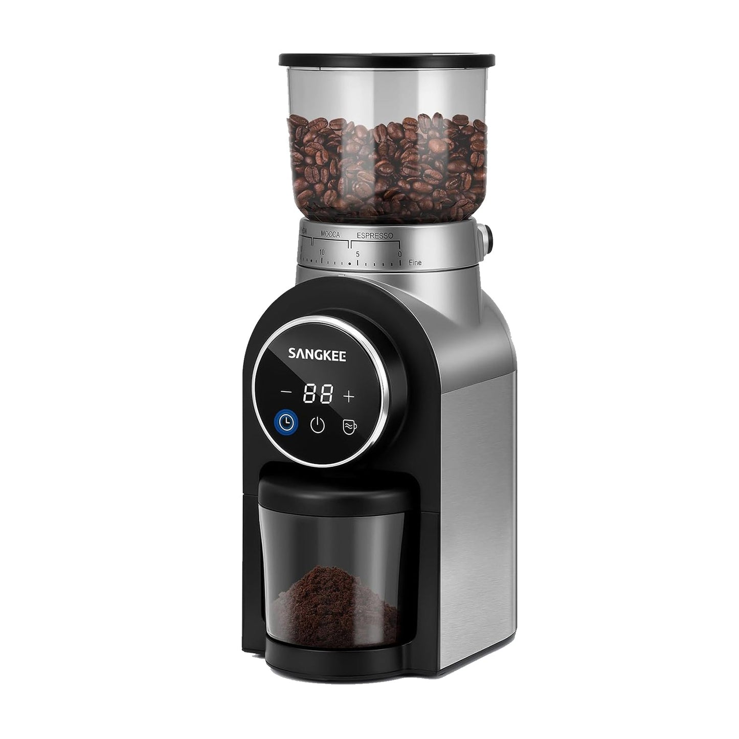 SANGKEE Molino de Café Eléctrico, Molinillo de café 30 Ajustes Precisos para 2 - 10 Tazas y Temporizador, Molino Cónico de Acero Inoxidable para Espresso/Goteo/Prensa Francesa/Café fresco/Especias - Café la Meca