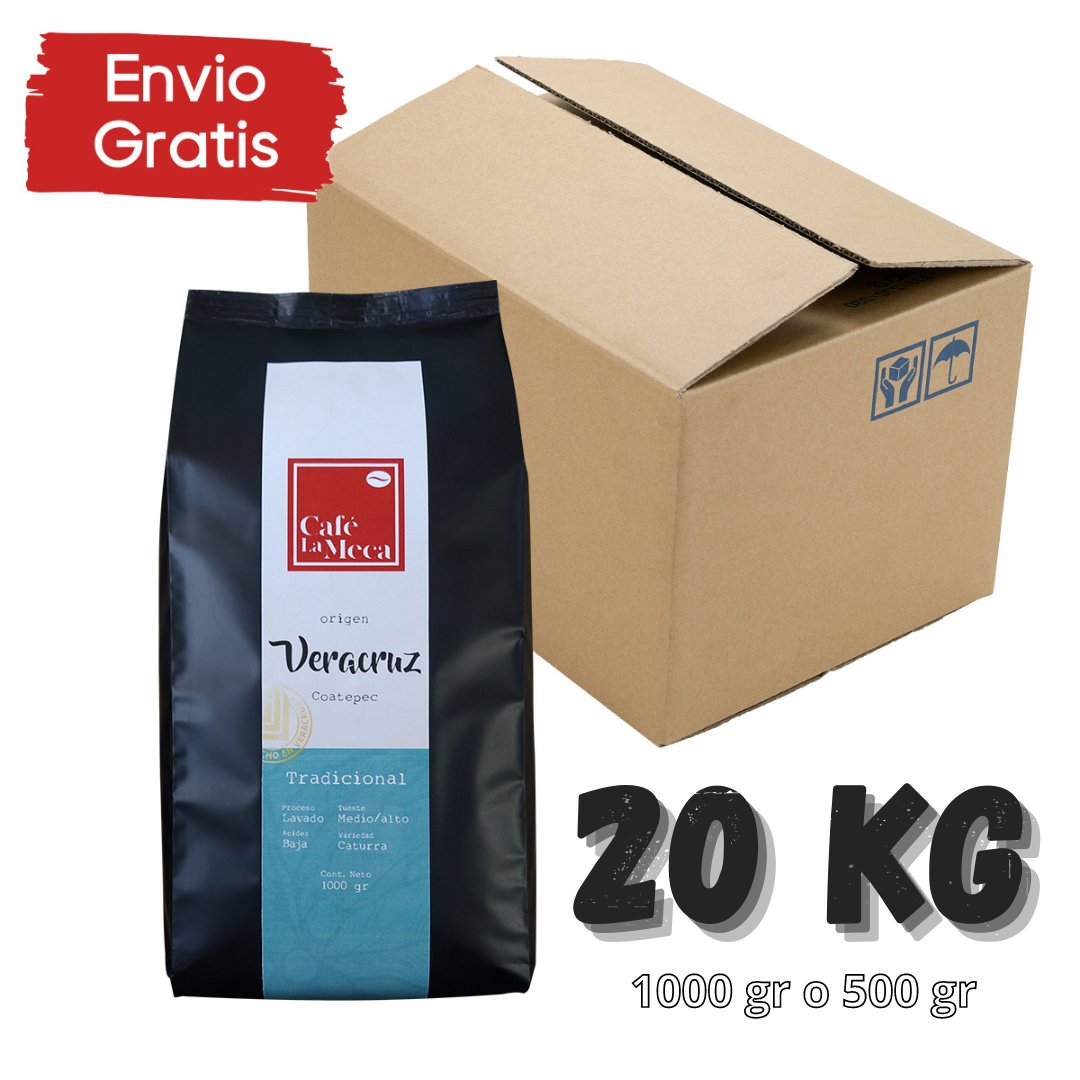 20 kg Café La Meca Tradicional - Blend arabica/robusta - Tostado especial - Origen: Veracruz - Empaque de 1000 y 500 gramos - Café la Meca