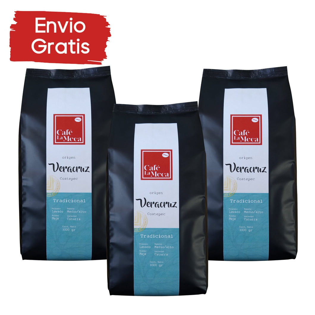 3 kg Café La Meca Tradicional - Blend Arabica/Robusta - Tostado especial - Origen: Veracruz - Cuerpo y aroma intenso - Empaque de 1000 y 500 gramos - Café la Meca