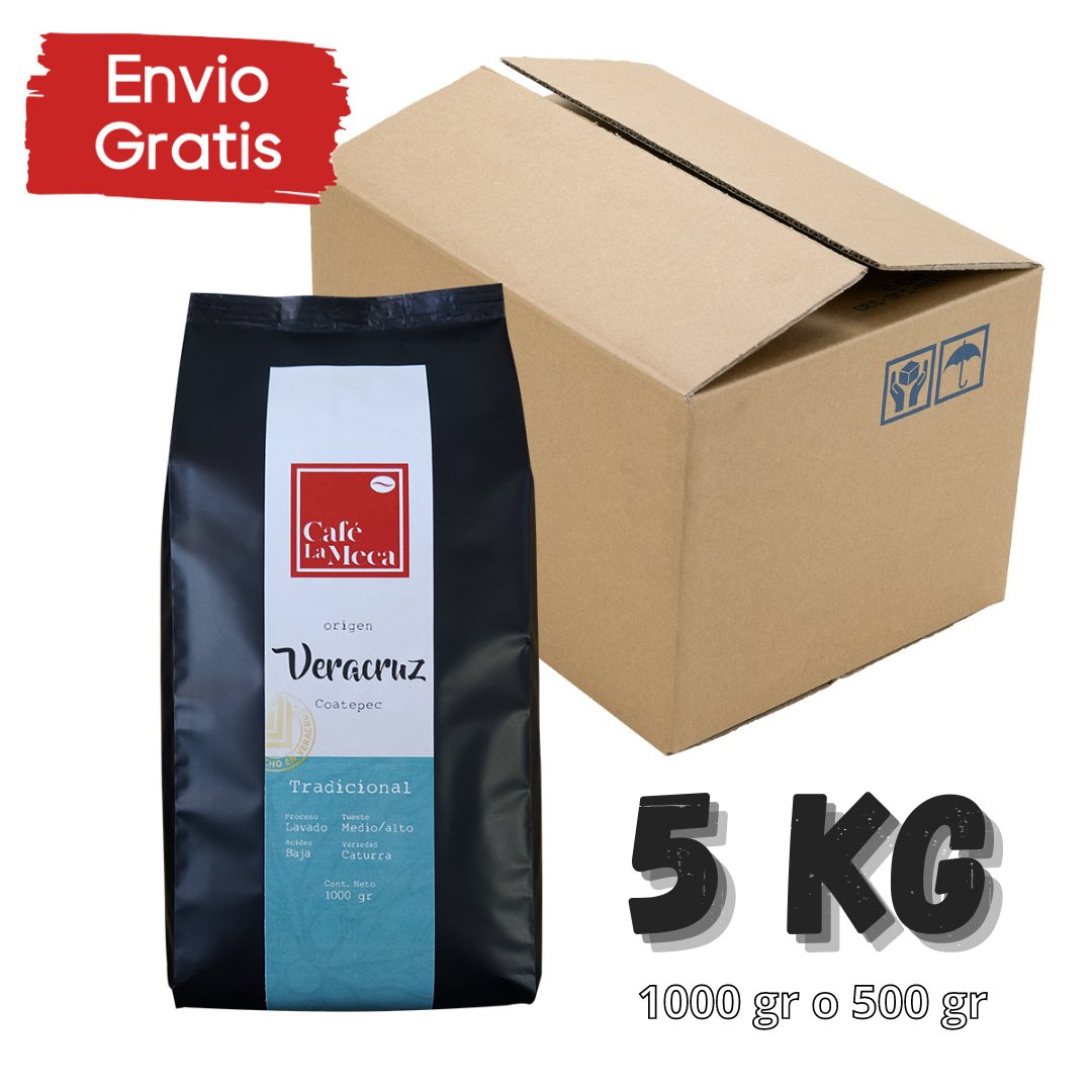5 kg Café La Meca Tradicional - Blend arabica/robusta - Tostado especial - Origen: Veracruz - Empaque de 1000 y 500 gramos - Café la Meca