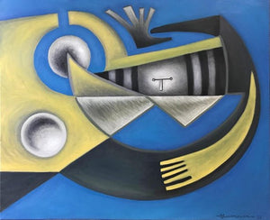 Desnudo amarillo en fondo azul (homenaje a E. Chillido) - Café la Meca