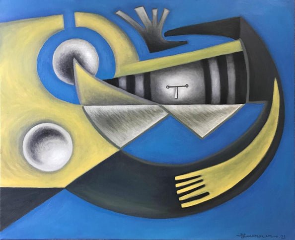 Desnudo amarillo en fondo azul (homenaje a E. Chillido) - Café la Meca