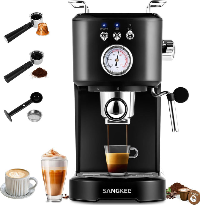 Máquina de Espresso y Capuchino 20 Bares SANGKEE, Cafetera Cápsulas Nespresso y Café Molido con Espumador de Leche para Espresso Cappuccino Mocha y Latte para Barista en casa (ESS2) - Café la Meca