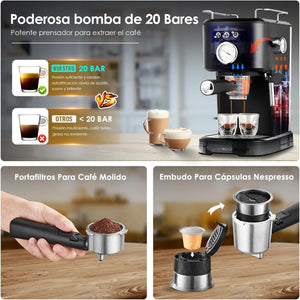 Máquina de Espresso y Capuchino 20 Bares SANGKEE, Cafetera Cápsulas Nespresso y Café Molido con Espumador de Leche para Espresso Cappuccino Mocha y Latte para Barista en casa (ESS2) - Café la Meca