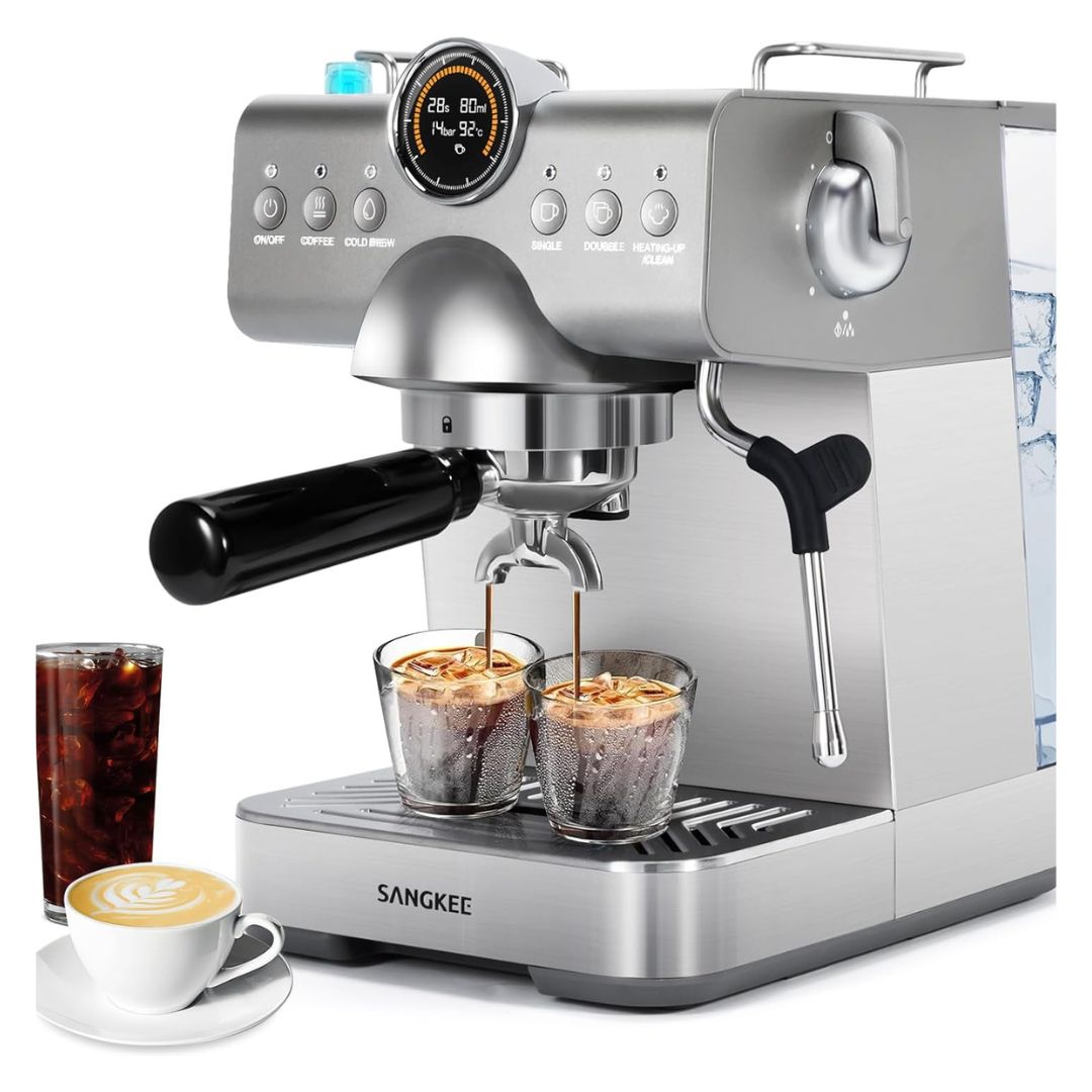SANGKEE Cafetera Espresso Preparación en Caliente y Frío, Máquina de Café con Vaporizador de Leche y Panel LCD de Temperatura y Tiempo, Ideal para Cappuccino y Latte, 20 Bares - Café la Meca