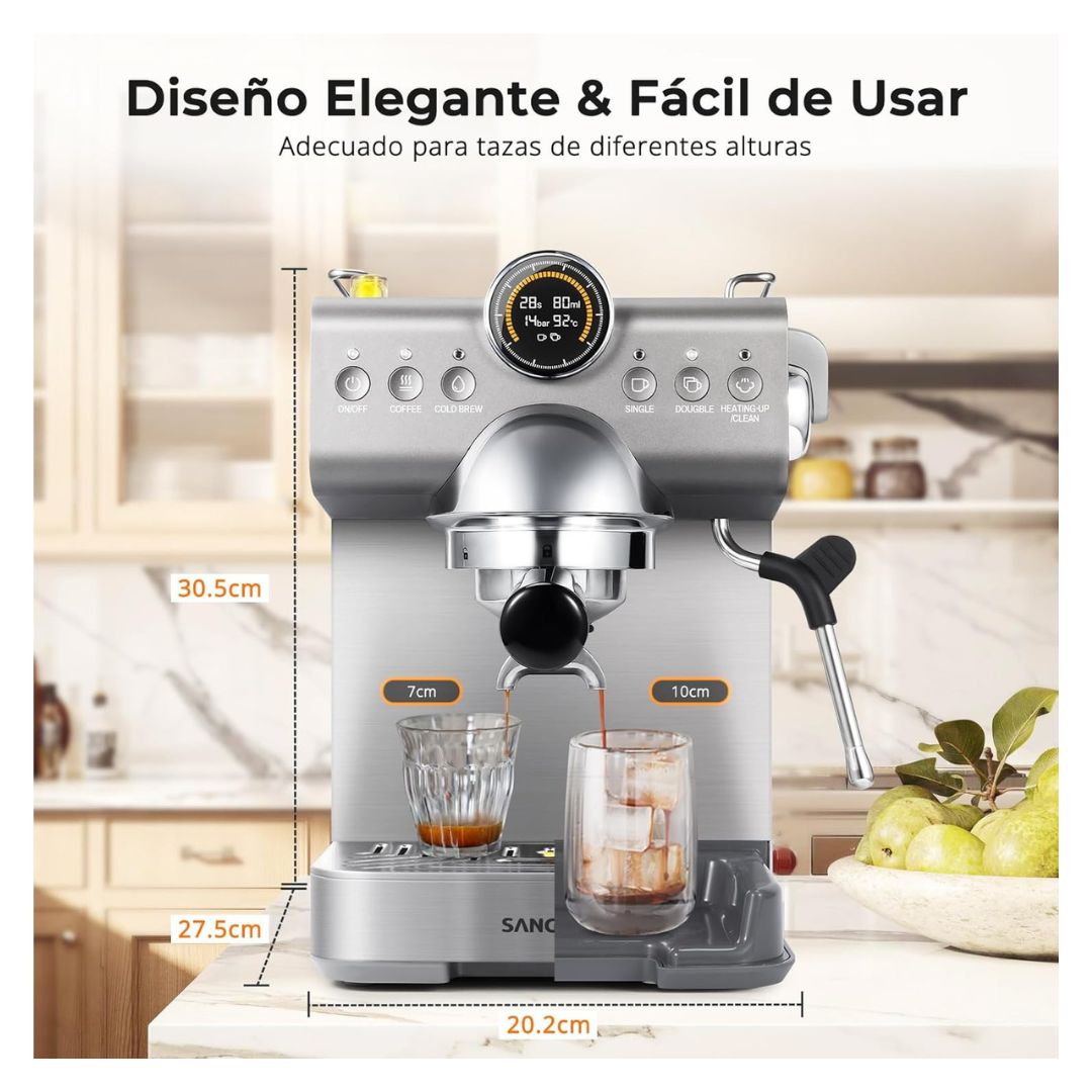 SANGKEE Cafetera Espresso Preparación en Caliente y Frío, Máquina de Café con Vaporizador de Leche y Panel LCD de Temperatura y Tiempo, Ideal para Cappuccino y Latte, 20 Bares - Café la Meca