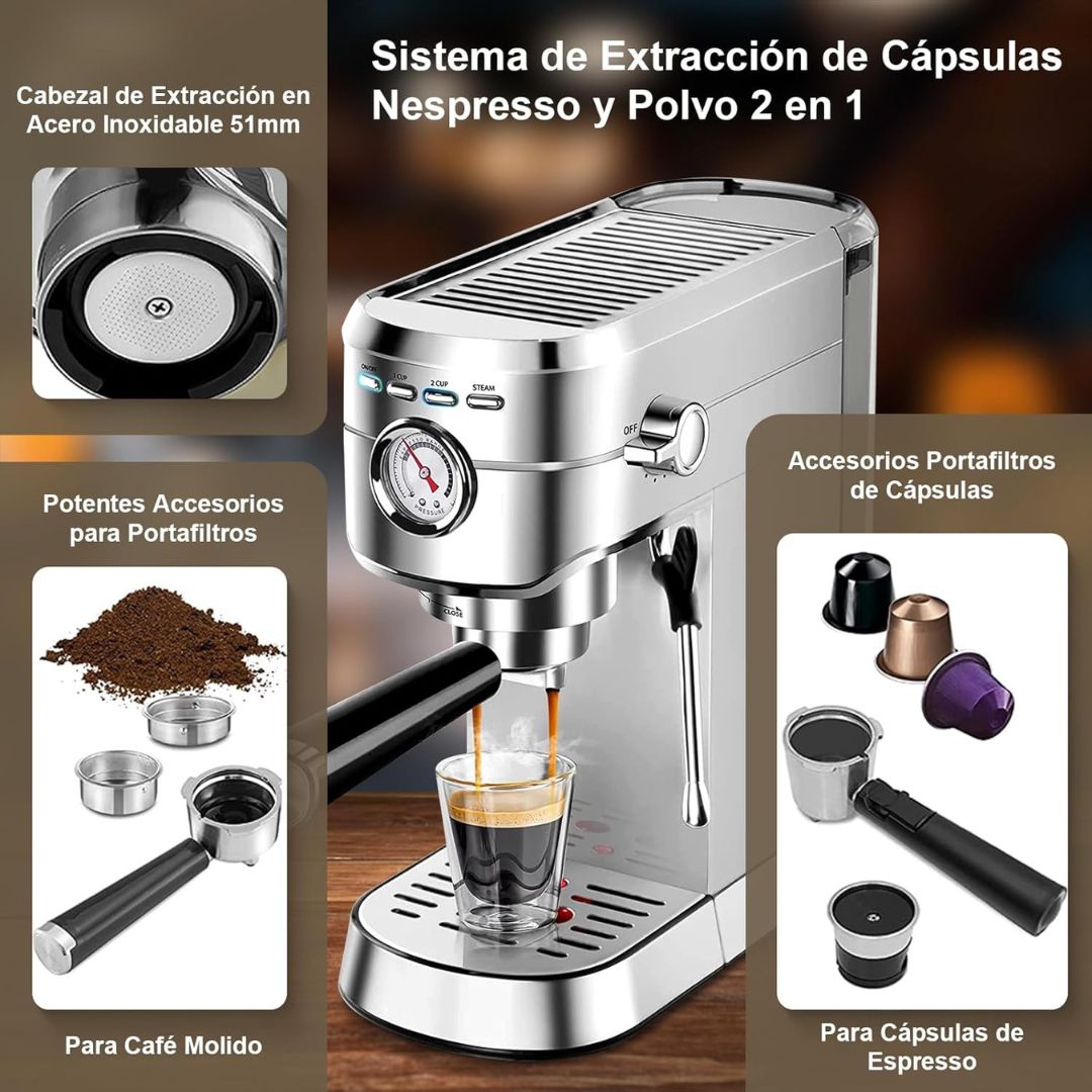 SANGKEE Cafetera Espresso y Cappuccinos 20 Bares, Profesional Máquina de Espresso Cápsulas y Café Molido, con Espumador de Leche, Acero inoxidable - Café la Meca