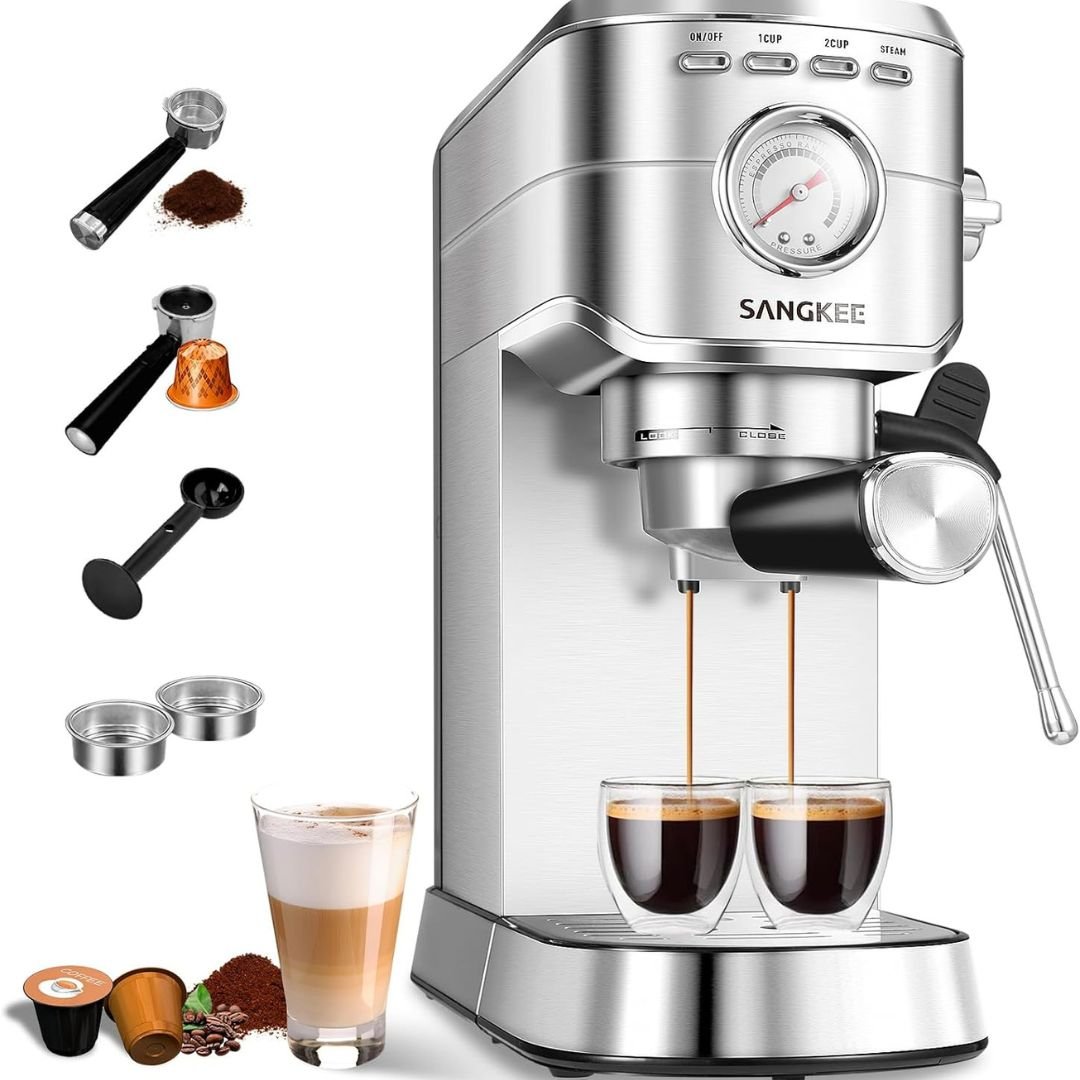 SANGKEE Cafetera Espresso y Cappuccinos 20 Bares, Profesional Máquina de Espresso Cápsulas y Café Molido, con Espumador de Leche, Acero inoxidable - Café la Meca