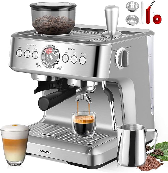 SANGKEE Cafetera Espresso y Cappuccinos Profesional 20 Bar, Máquina de café con Sistema de Calentamiento Dual, con Molino y Varilla de Vapor para Espumador de Leche,lattes y Macchiatos,1500W(ESG1 - Pro) - Café la Meca