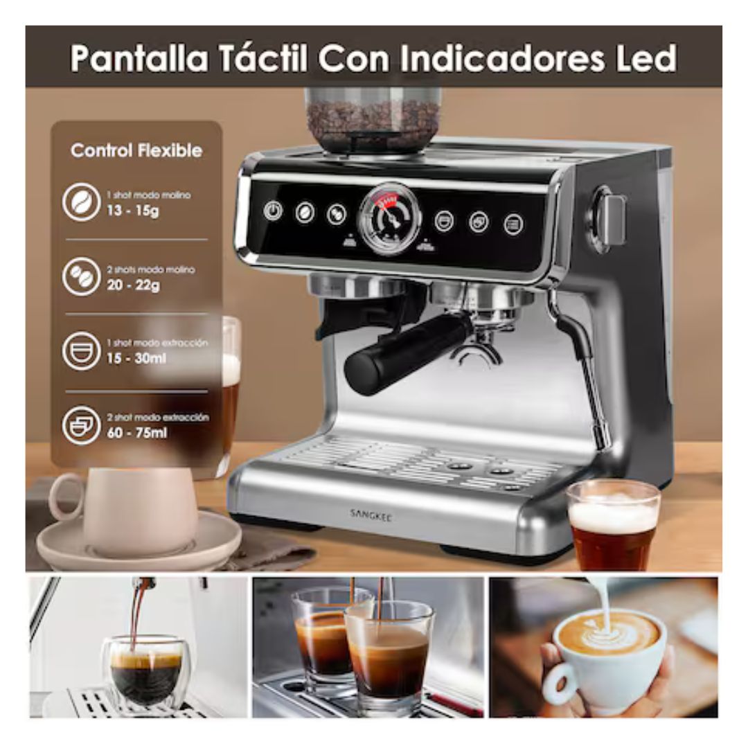 SANGKEE Cafetera Espresso y Capuchino para Negocio 20 Bar,Máquina de Espresso con Sistema de Calentamiento,Espumador de Leche y Molino,Pantalla Táctil,Kit Barista Completo para Capuchinos Lattes - Café la Meca