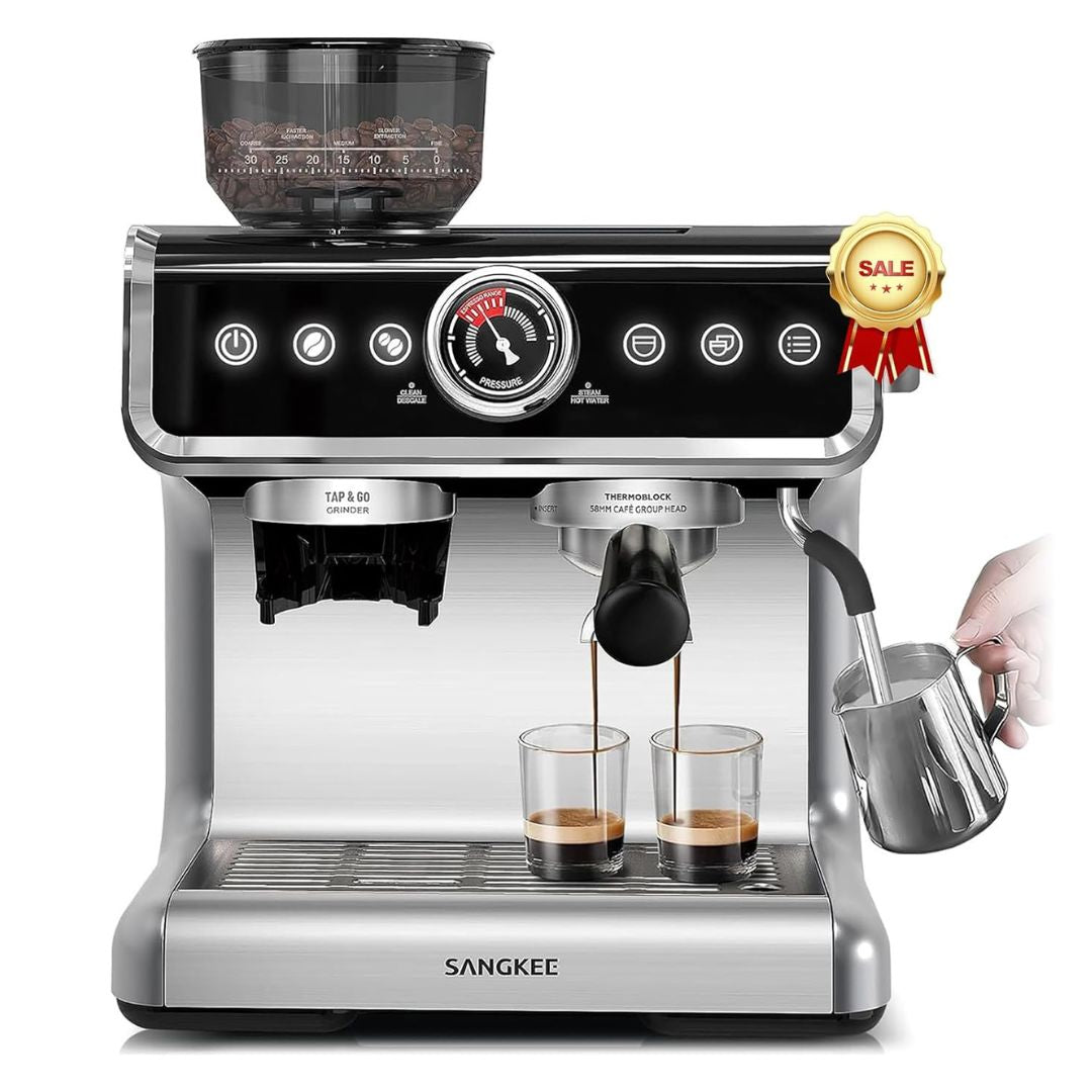 SANGKEE Cafetera Espresso y Capuchino para Negocio 20 Bar,Máquina de Espresso con Sistema de Calentamiento,Espumador de Leche y Molino,Pantalla Táctil,Kit Barista Completo para Capuchinos Lattes - Café la Meca