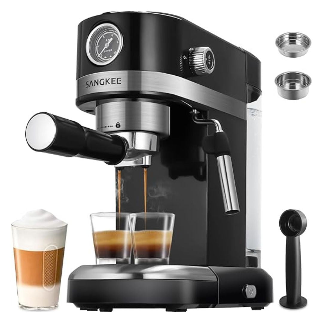 SANGKEE Máquina de Café Espresso y Capuchinos 20 Bares,Cafetera Espresso con Espumador de Leche Varilla de Vapor,Compacta Cafetera Barista Compatible con Café Molido,Cappuccino,Café con Leche - Café la Meca