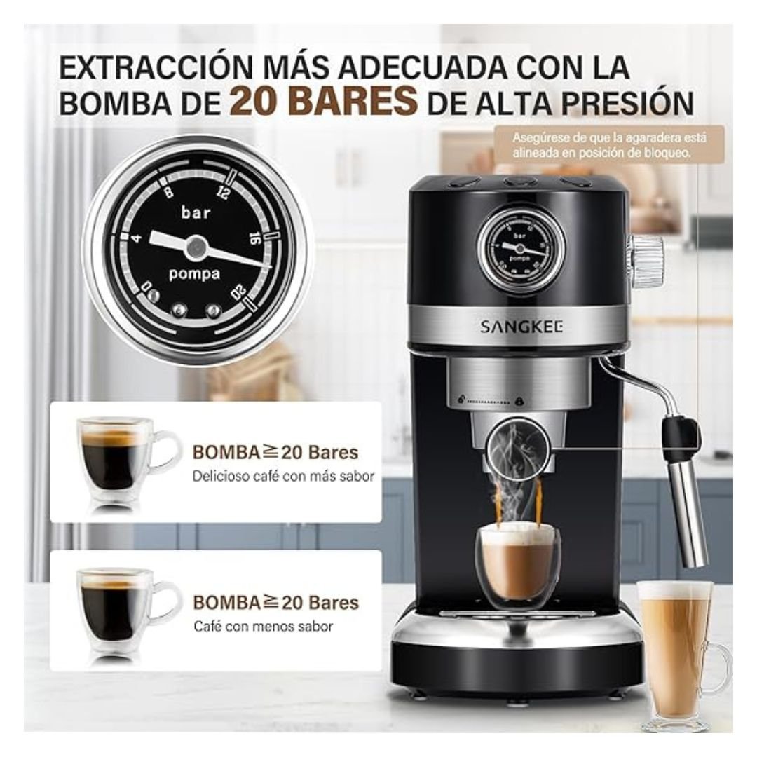 SANGKEE Máquina de Café Espresso y Capuchinos 20 Bares,Cafetera Espresso con Espumador de Leche Varilla de Vapor,Compacta Cafetera Barista Compatible con Café Molido,Cappuccino,Café con Leche - Café la Meca
