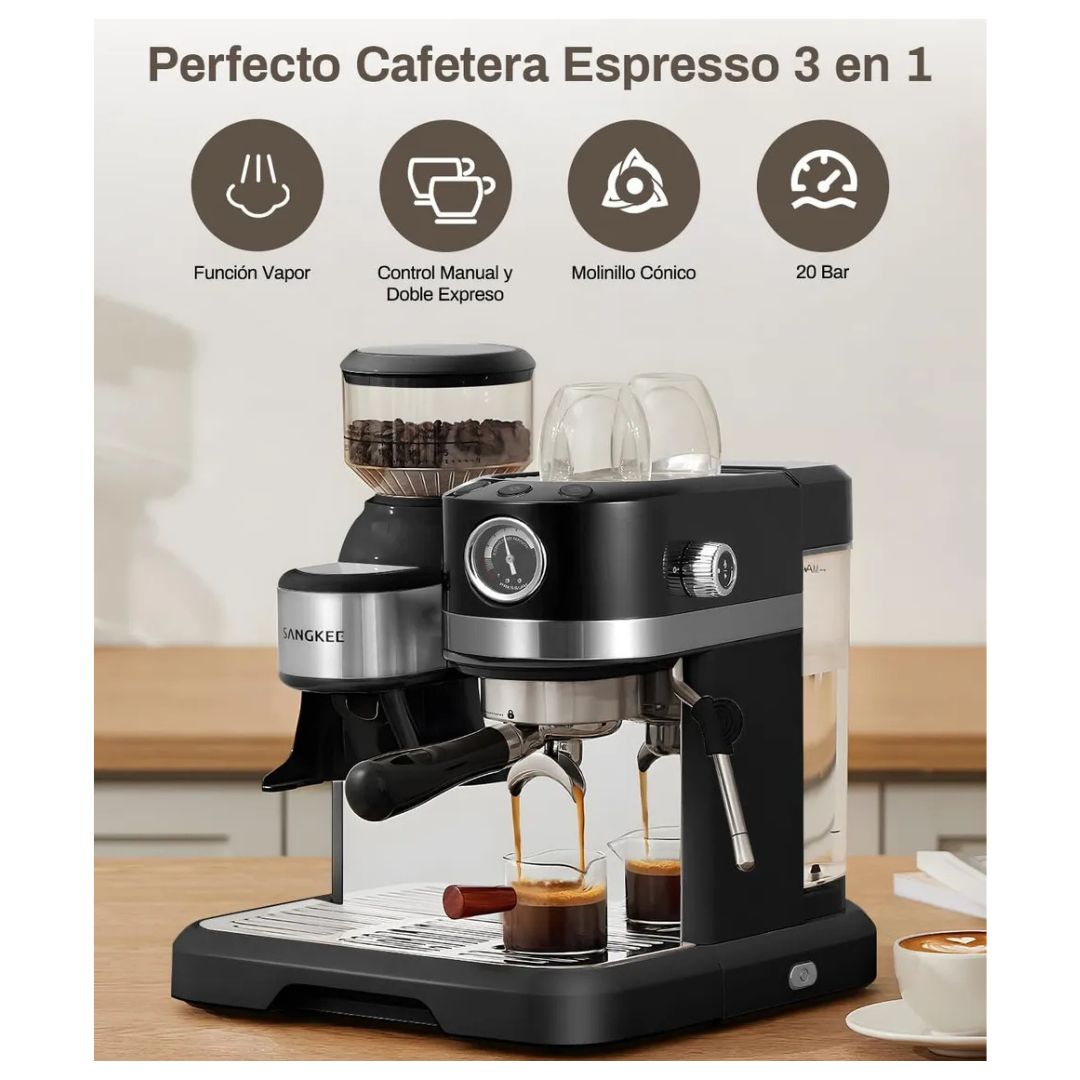 Sangkee Máquina De Espresso Profesional Con Molino Integrado, 20 Niveles De Molienda, Cafetera Espresso 20 Bar Y Espumador De Leche Para Capuchinos O Lattes, Calentamiento Rápido, - Café la Meca