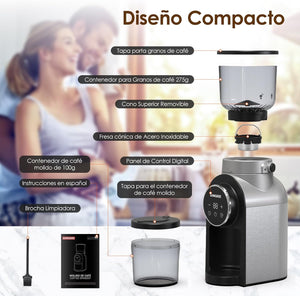 SANGKEE Molino de Café Eléctrico, Molinillo de café 30 Ajustes Precisos para 2 - 10 Tazas y Temporizador, Molino Cónico de Acero Inoxidable para Espresso/Goteo/Prensa Francesa/Café fresco/Especias - Café la Meca