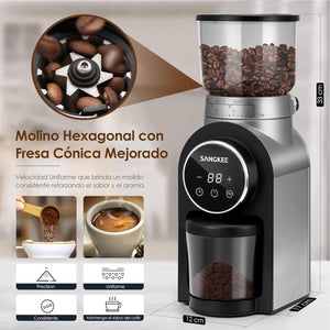 SANGKEE Molino de Café Eléctrico, Molinillo de café 30 Ajustes Precisos para 2 - 10 Tazas y Temporizador, Molino Cónico de Acero Inoxidable para Espresso/Goteo/Prensa Francesa/Café fresco/Especias - Café la Meca